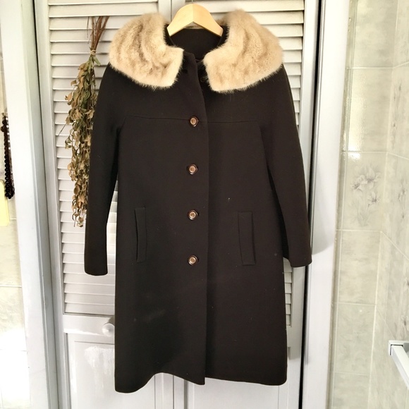 {Vintage} Fur Collar 60's Style Wool Button Coat 4 - Picture 5 of 8